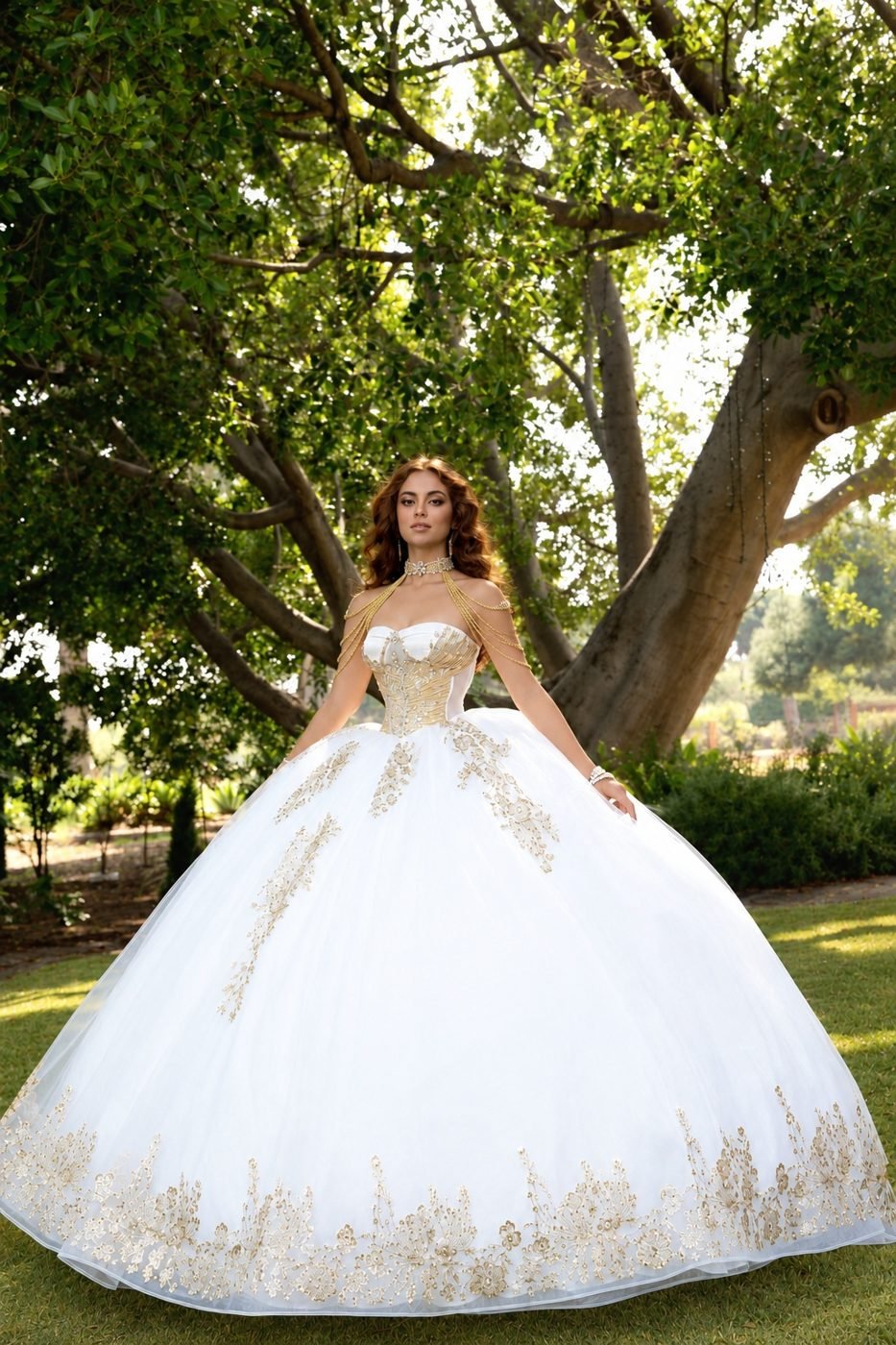 Ivory and gold quinceañera gown